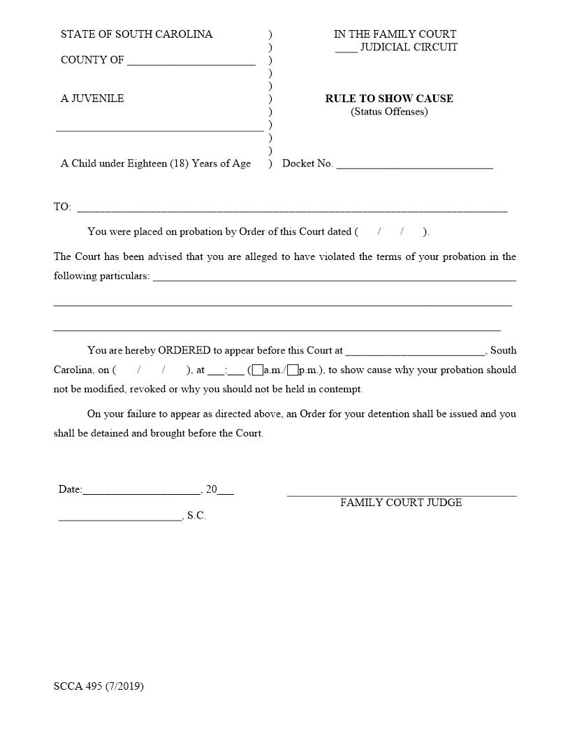 Rule To Show Cause - Status Offenses (Juvenile Probation Violation) {SCCA-495} | Pdf Fpdf Doc Docx | South Carolina