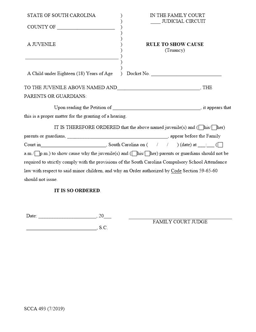 Rule To Show Cause - Truancy {SCCA-493} | Pdf Fpdf Doc Docx | South Carolina