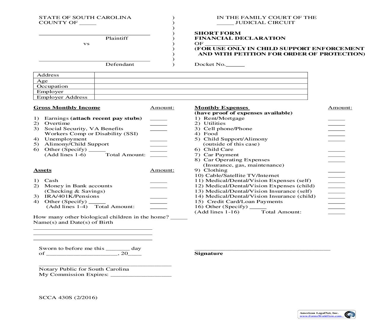 Short Form Financial Declaration {SCCA 430S} | Pdf Fpdf Doc Docx | South Carolina