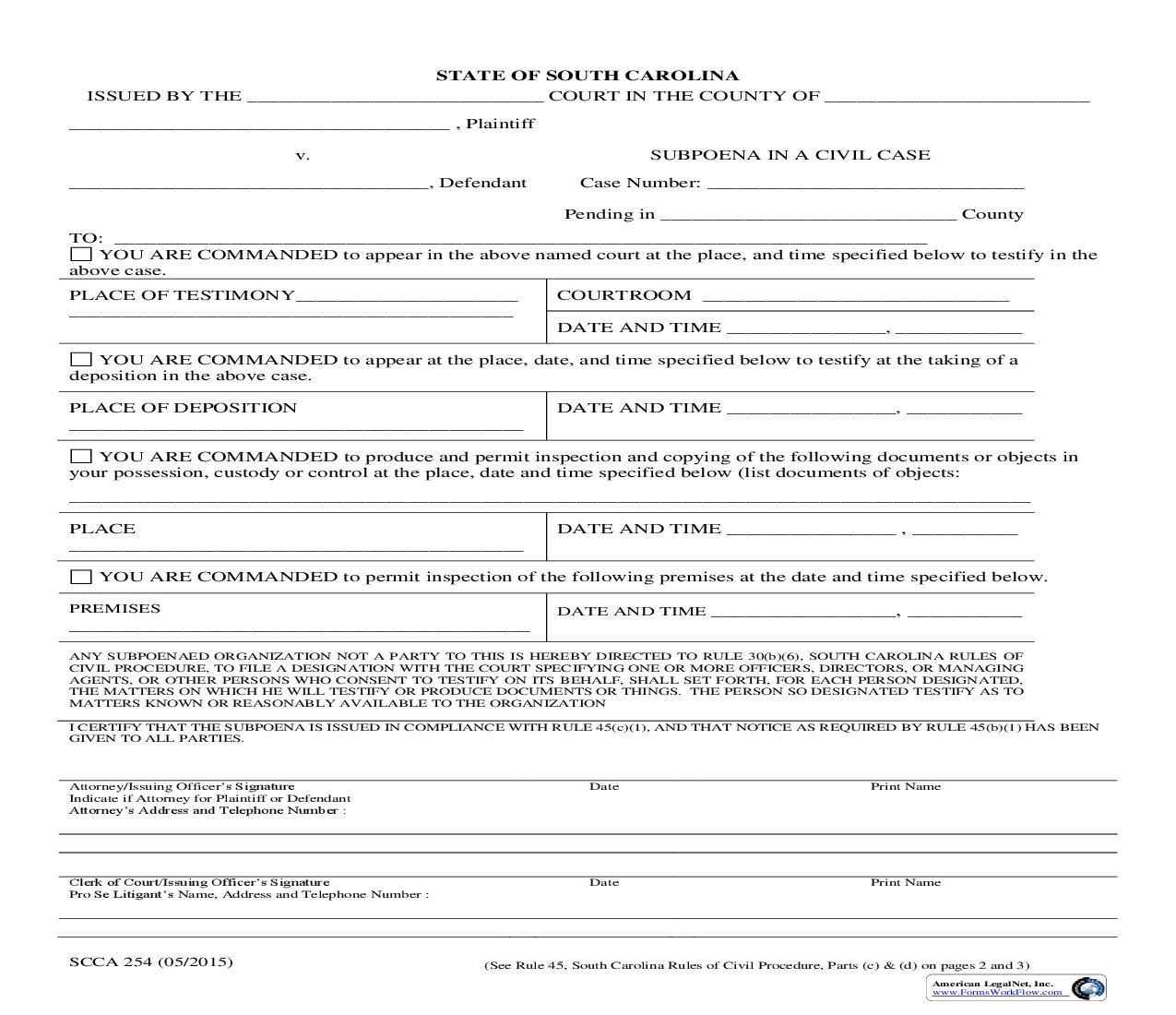 Subpoena In A Civil Case (Family) {SCCA-254F} | Pdf Fpdf Doc Docx | South Carolina