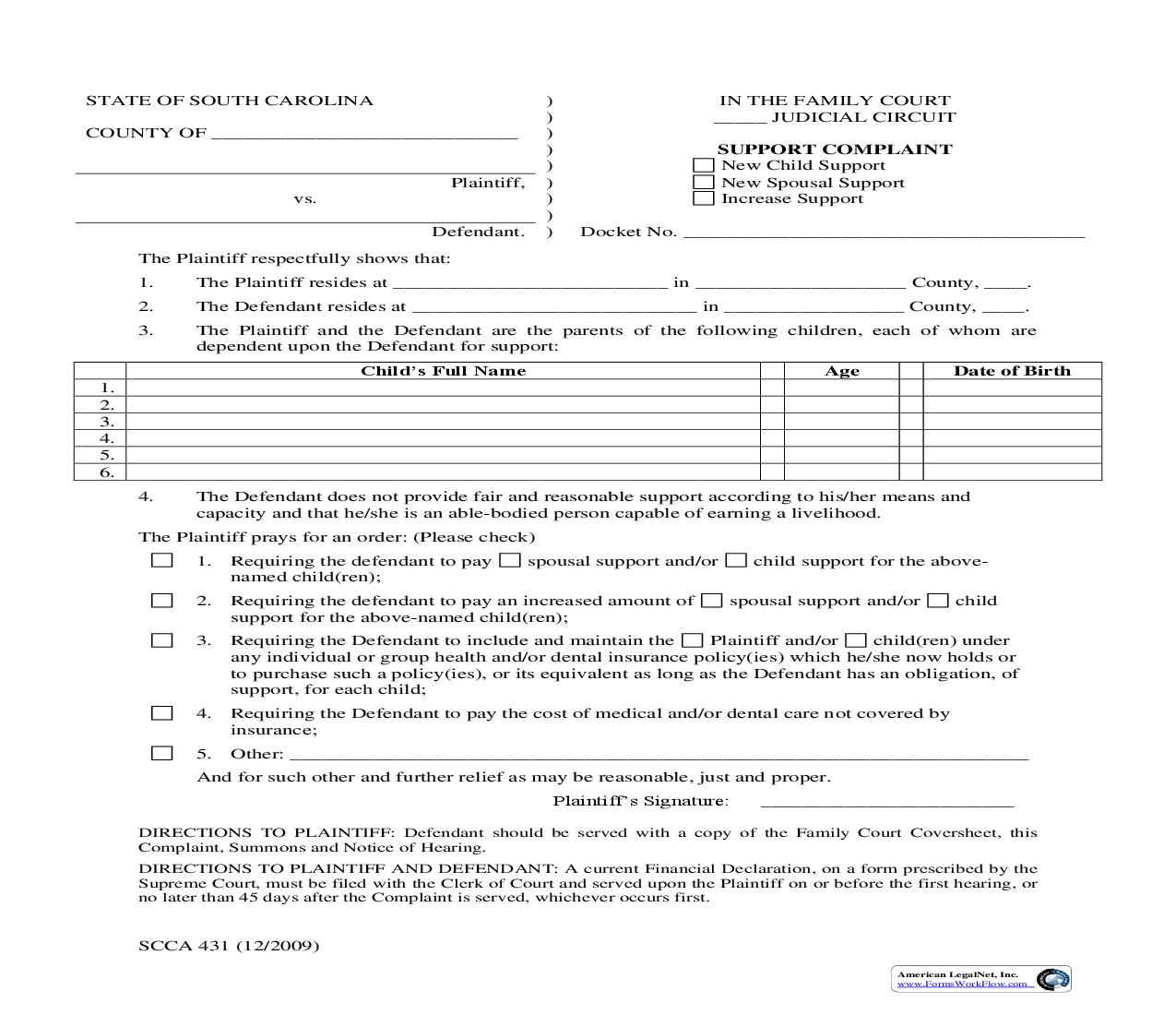 Support Complaint {SCCA-431} | Pdf Fpdf Doc Docx | South Carolina