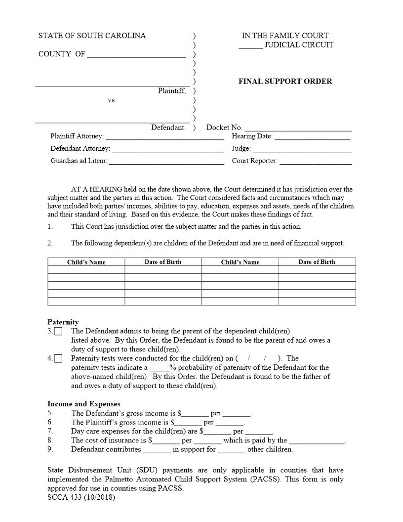 Support Order (Final) {SCCA-433} | Pdf Fpdf Doc Docx | South Carolina