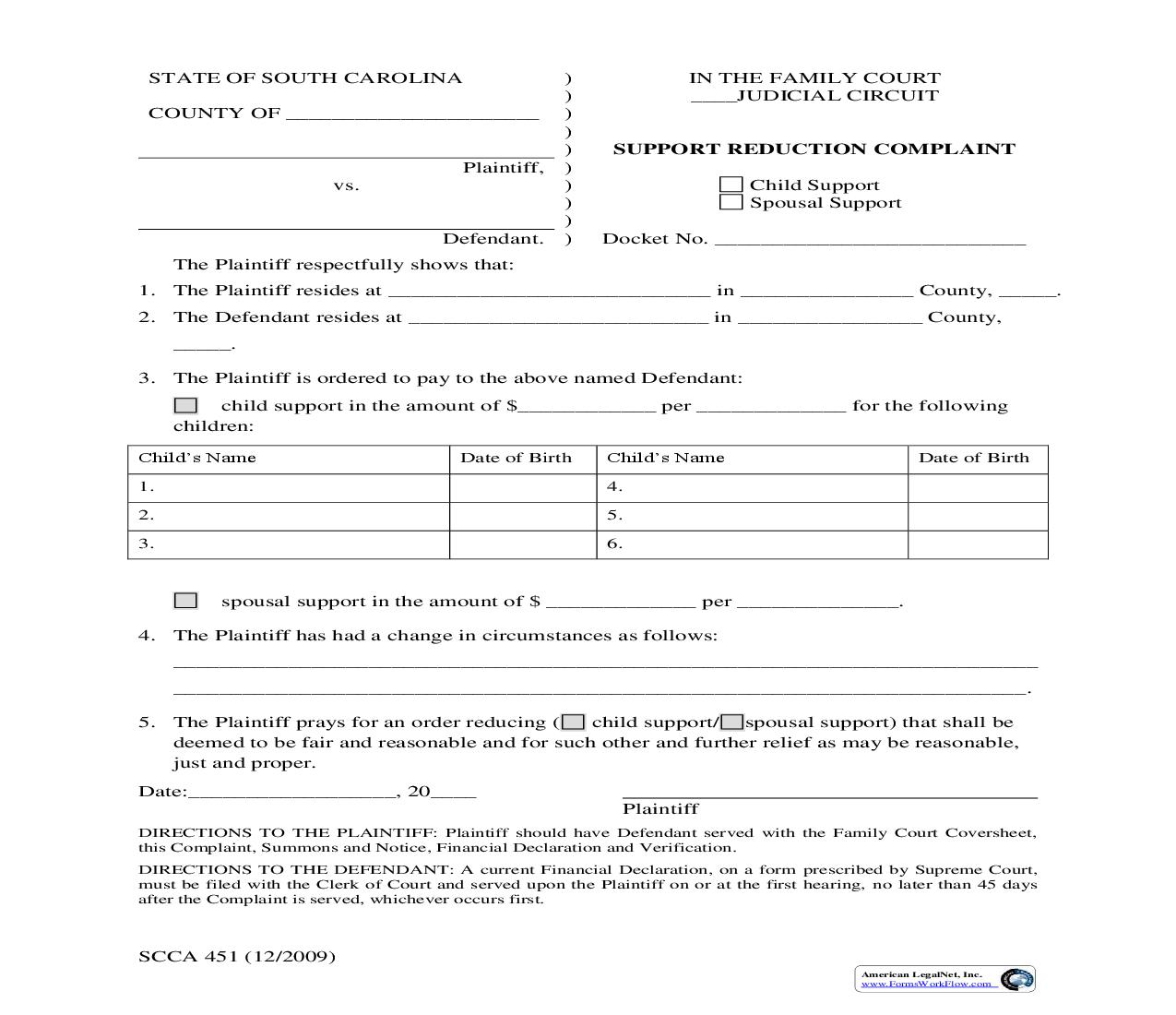 Support Reduction Complaint {SCCA-451} | Pdf Fpdf Doc Docx | South Carolina