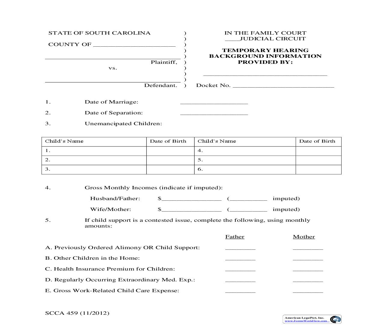 Temporary Hearing Background Information {SCCA-459} | Pdf Fpdf Doc Docx | South Carolina