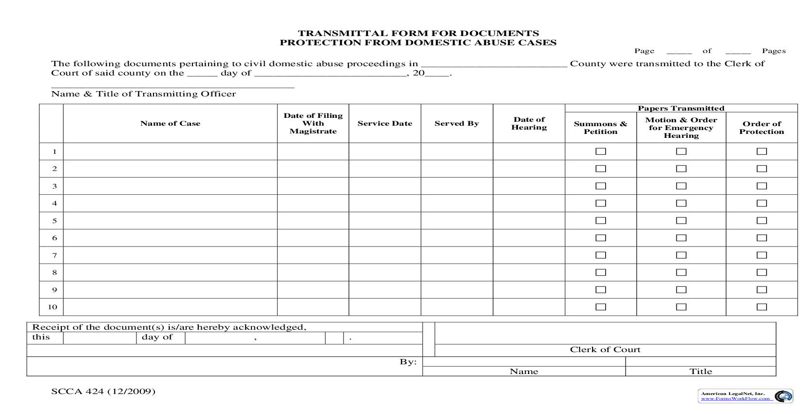 Transmittal Form For Documents - Protection From Domestic Abuse Cases {SCCA-424} | Pdf Fpdf Doc Docx | South Carolina