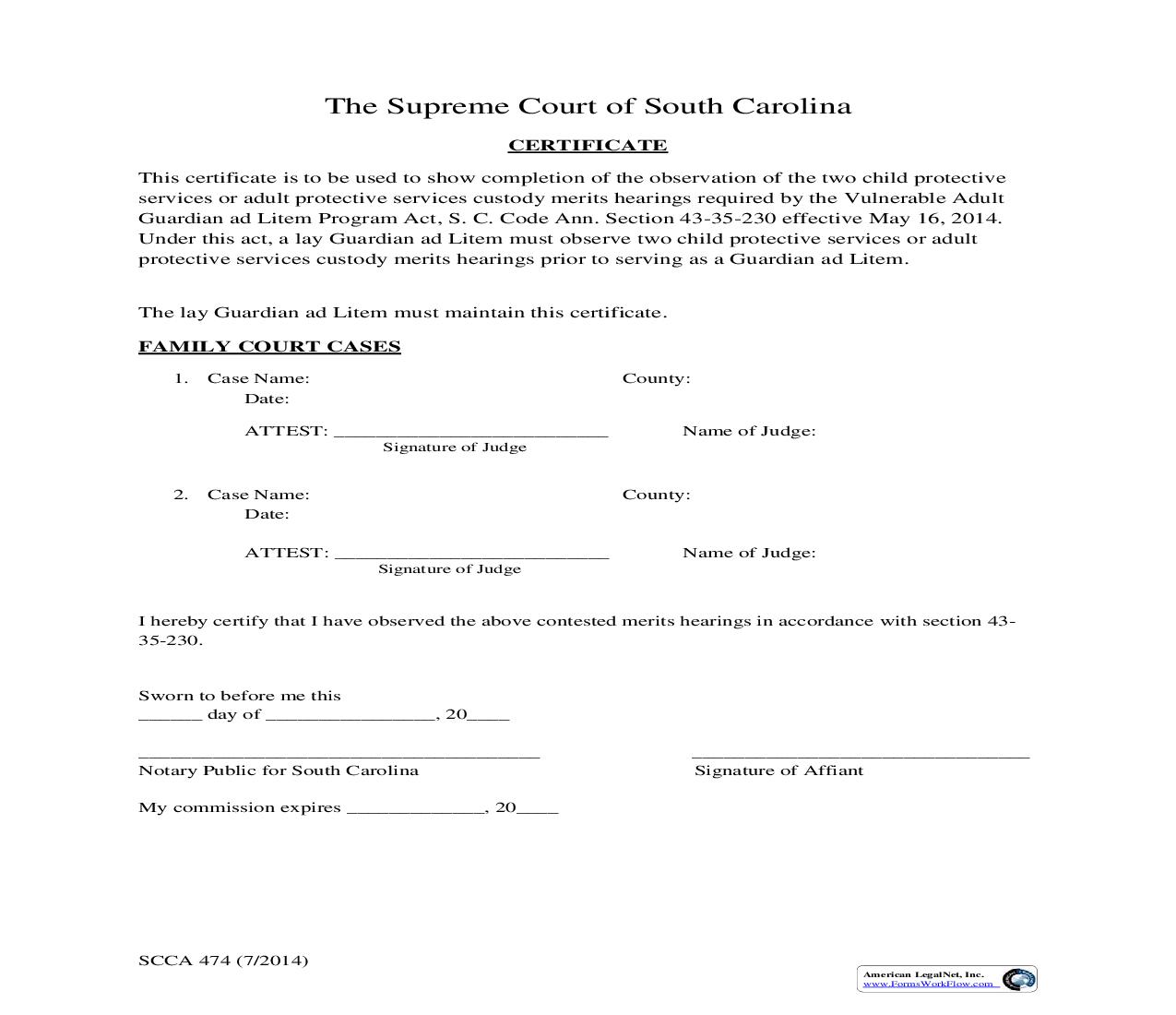 Vulnerable Adult GAL Certificate {SCCA 474} | Pdf Fpdf Doc Docx | South Carolina