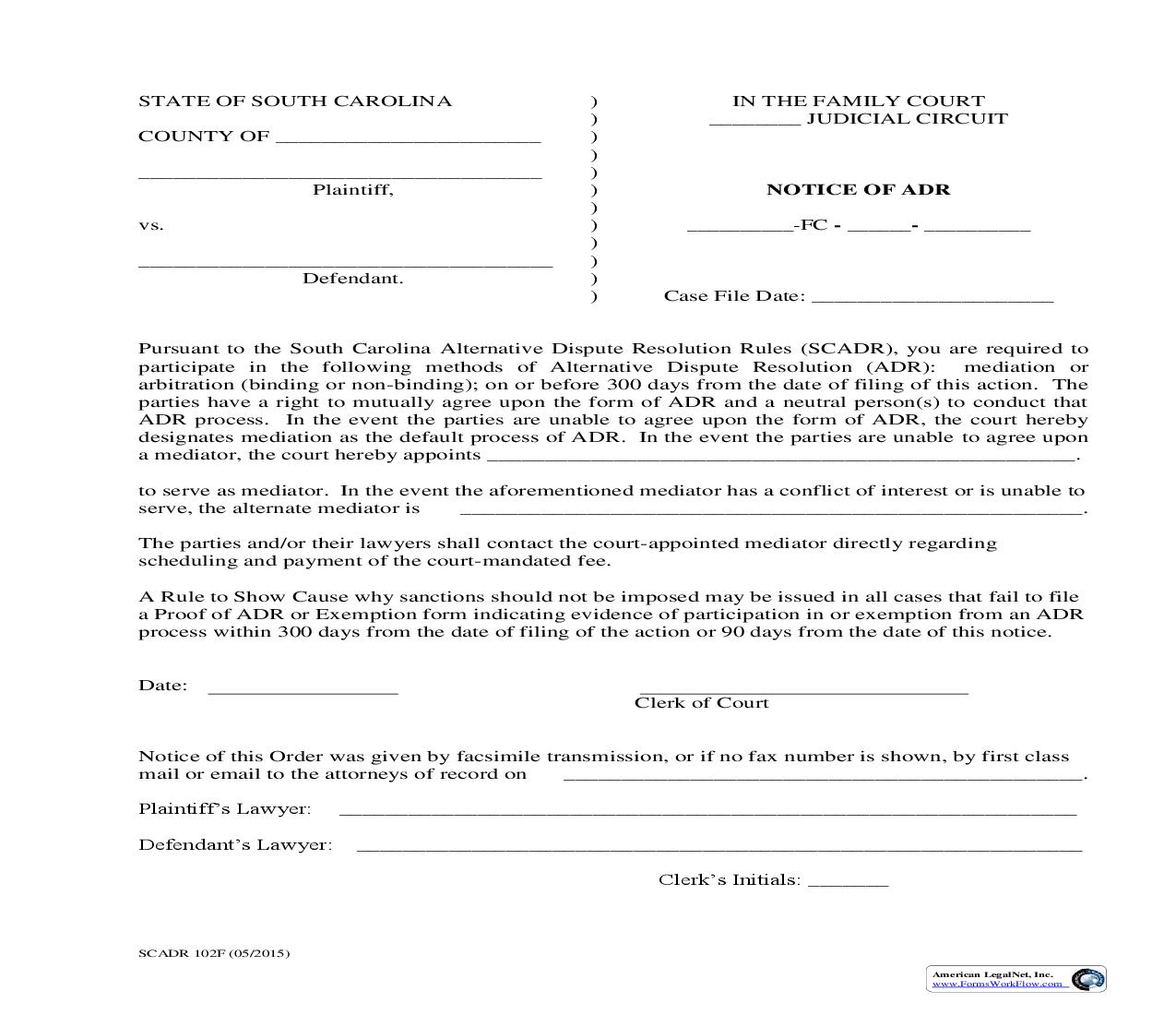 Notice Of ADR {SCADR 102F} | Pdf Fpdf Doc Docx | South Carolina