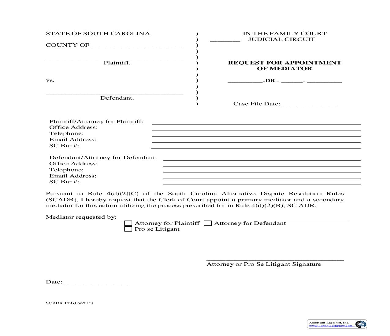 Request For Appointment Of Mediator {SCADR 109} | Pdf Fpdf Doc Docx | South Carolina