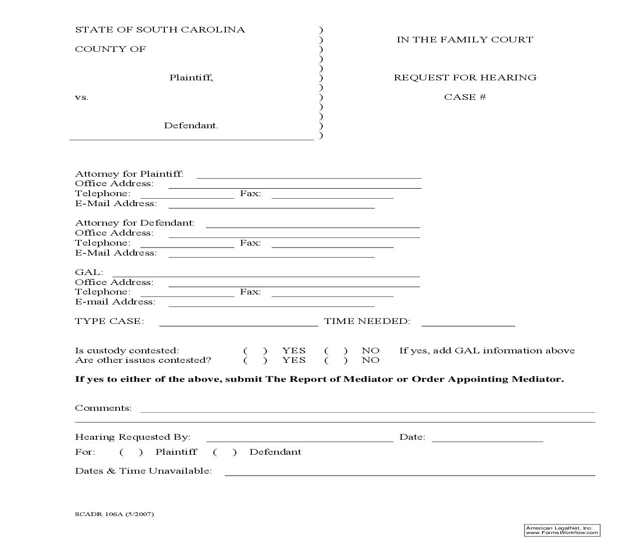 Request For Hearing {SCADR-106A} | Pdf Fpdf Doc Docx | South Carolina