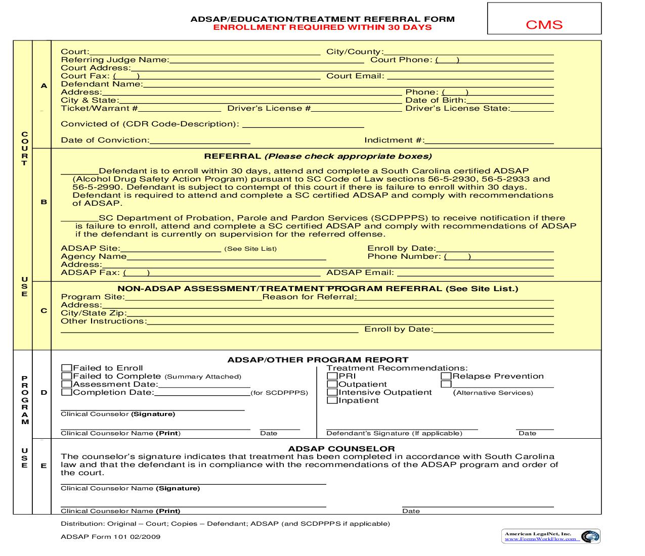 ADSAP-Education-Treatment Referral Form (CMS) {ADSAP-101} | Pdf Fpdf Doc Docx | South Carolina