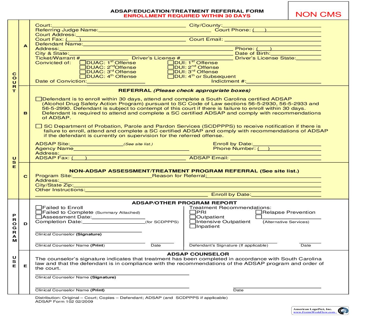 ADSAP-Education-Treatment Referral Form (Non CMS) {ADSAP-102} | Pdf Fpdf Doc Docx | South Carolina