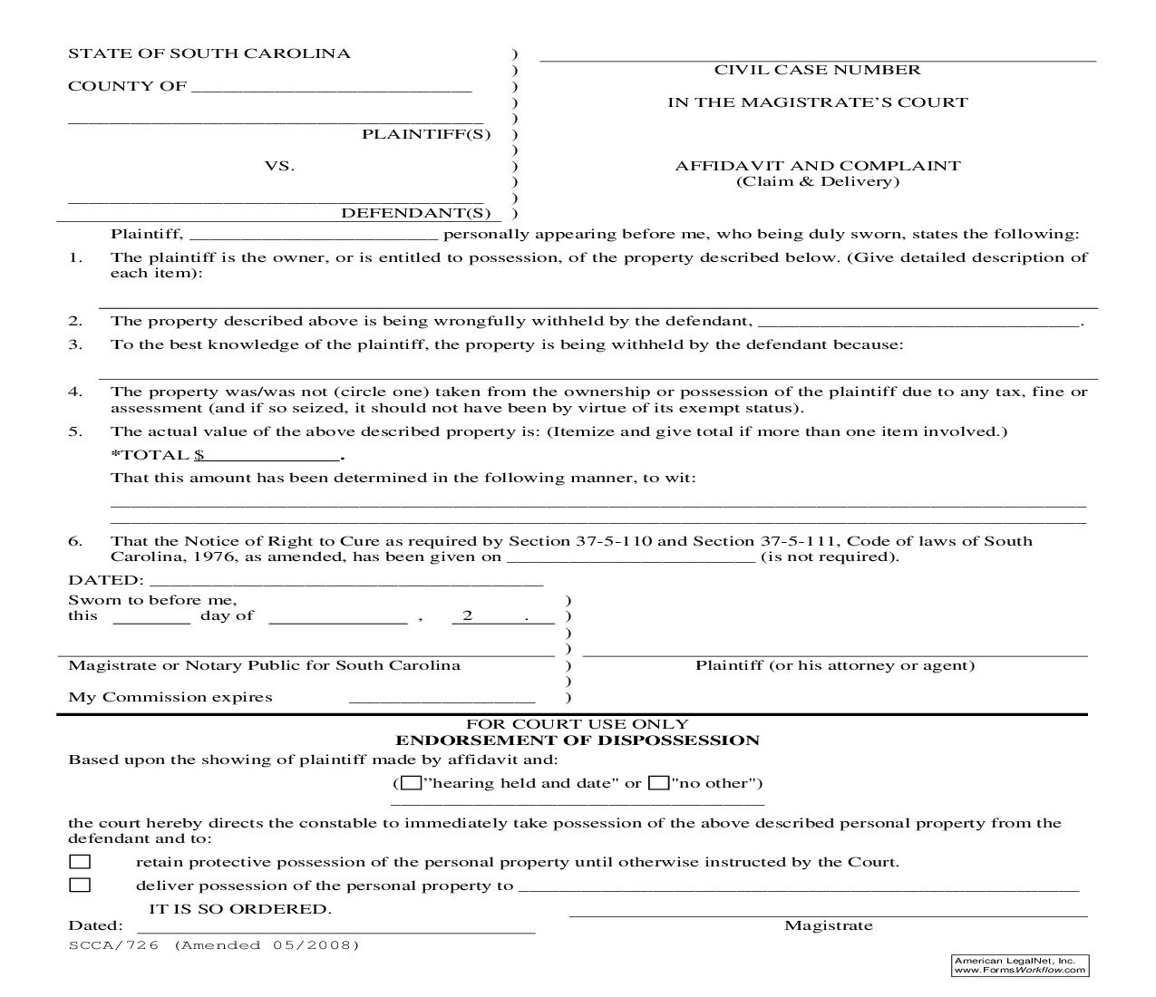 Affidavit (Claim And Delivery) {SCCA-726} | Pdf Fpdf Doc Docx | South Carolina