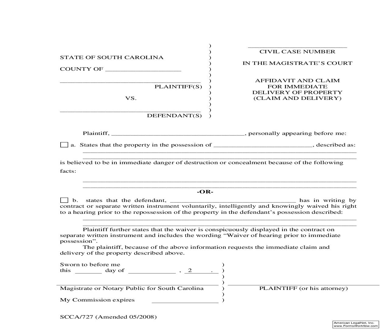 Affidavit And Claim For Immediate Delivery Of Property (Claim And Delivery) {SCCA-727} | Pdf Fpdf Doc Docx | South Carolina