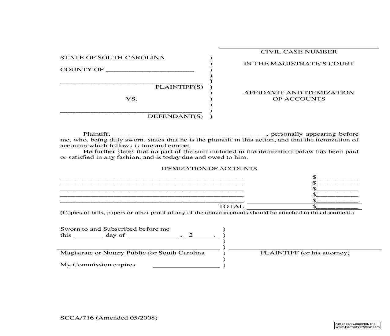 Affidavit And Itemization Of Accounts {SCCA-716} | Pdf Fpdf Doc Docx | South Carolina