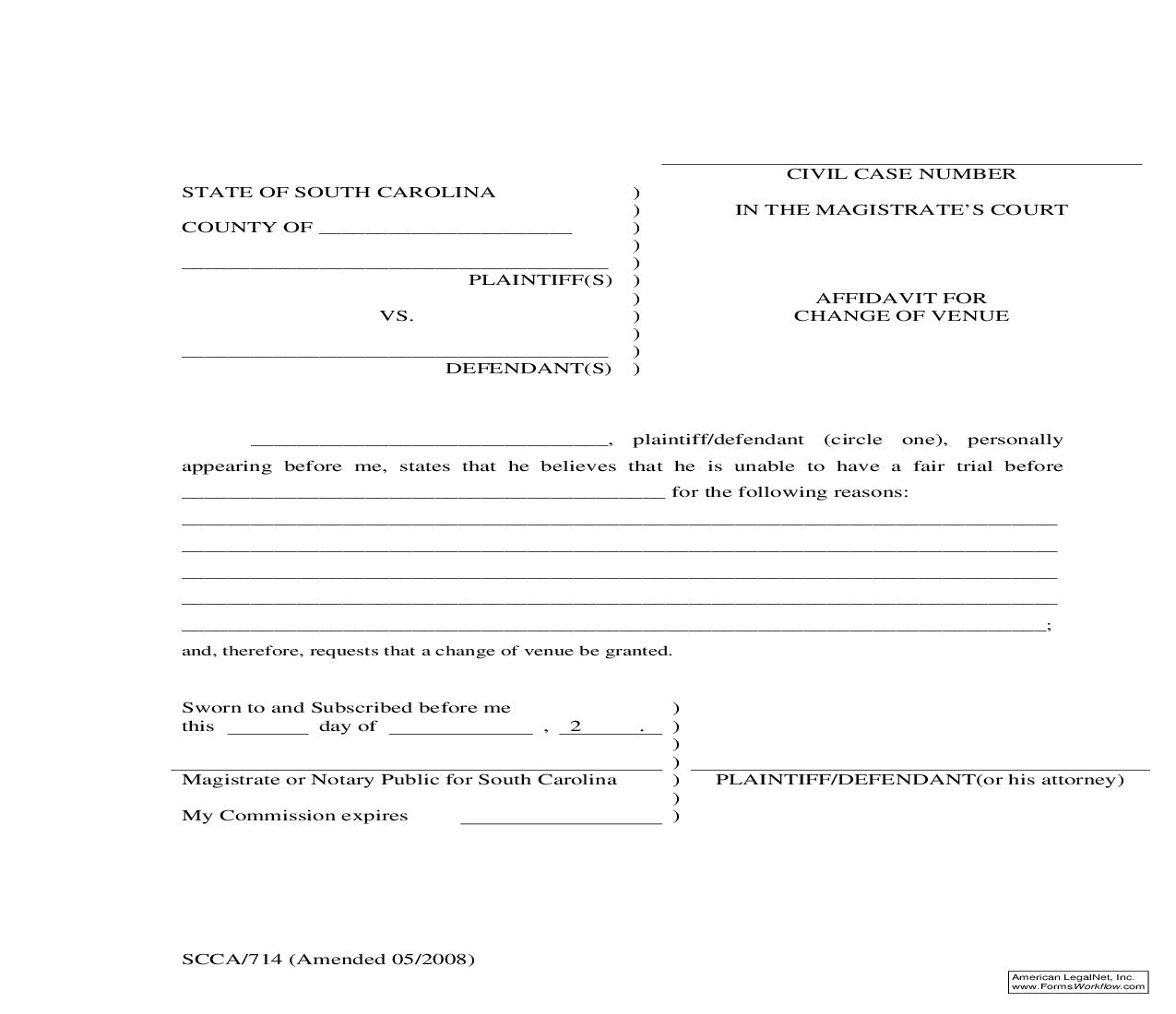 Affidavit For Change Of Venue {SCCA-714} | Pdf Fpdf Doc Docx | South Carolina
