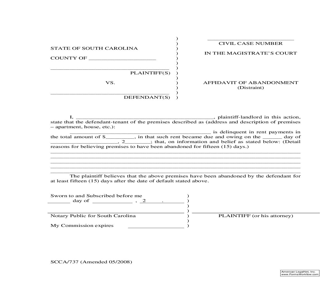 Affidavit Of Abandonment (Distraint) {SCCA-737} | Pdf Fpdf Doc Docx | South Carolina