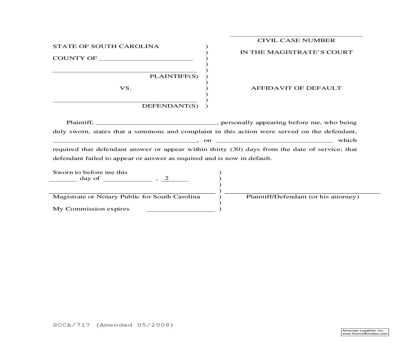 Affidavit Of Default {SCCA-717} | Pdf Fpdf Doc Docx | South Carolina