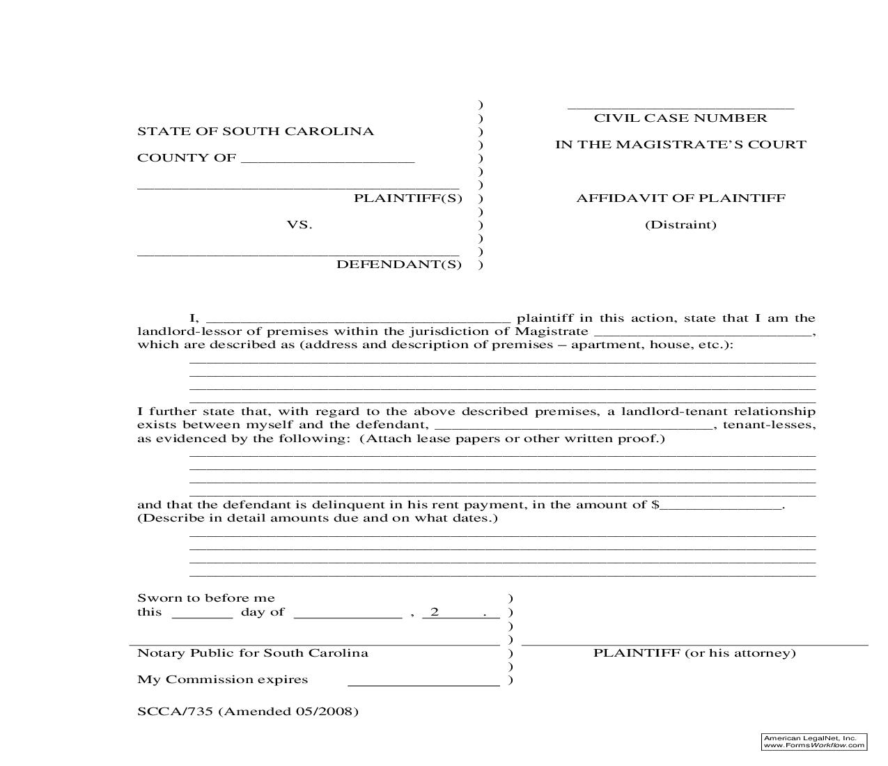 Affidavit Of Plaintiff (Distraint) {SCCA-735} | Pdf Fpdf Doc Docx | South Carolina