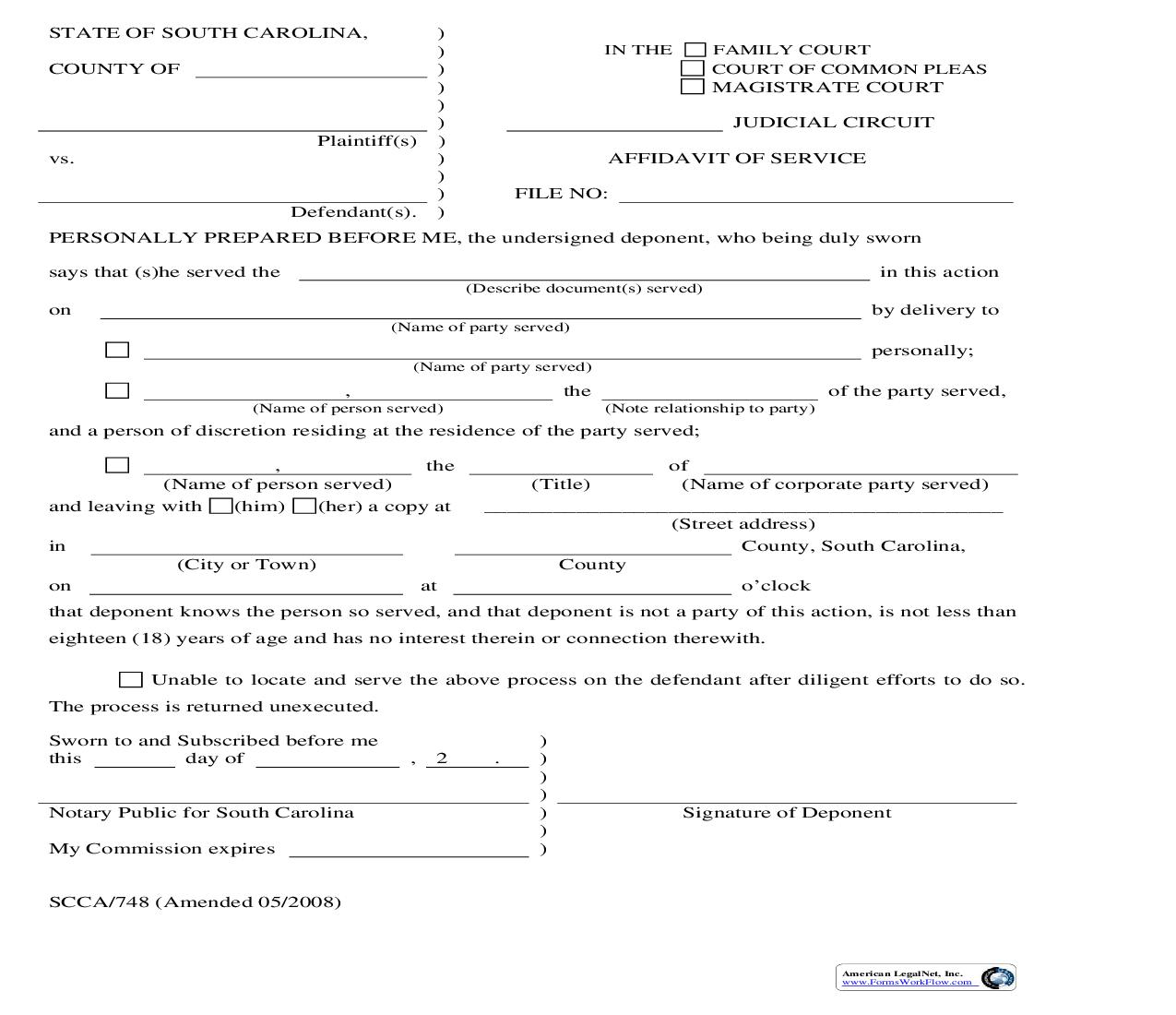 Affidavit Of Service {SCCA-748} | Pdf Fpdf Doc Docx | South Carolina