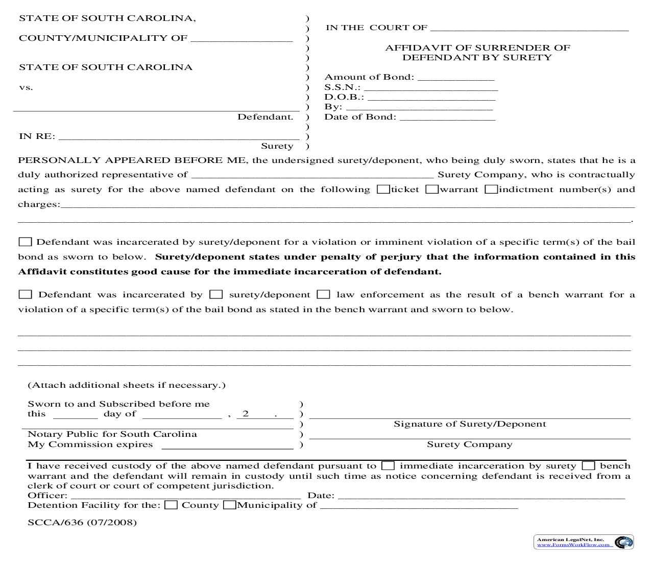Affidavit Of Surrender Of Defendant By Surety {SCCA-636} | Pdf Fpdf Doc Docx | South Carolina