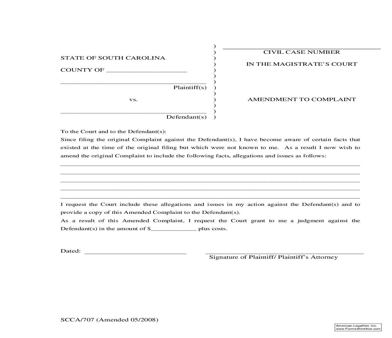 Amendment To Complaint {SCCA-707} | Pdf Fpdf Doc Docx | South Carolina