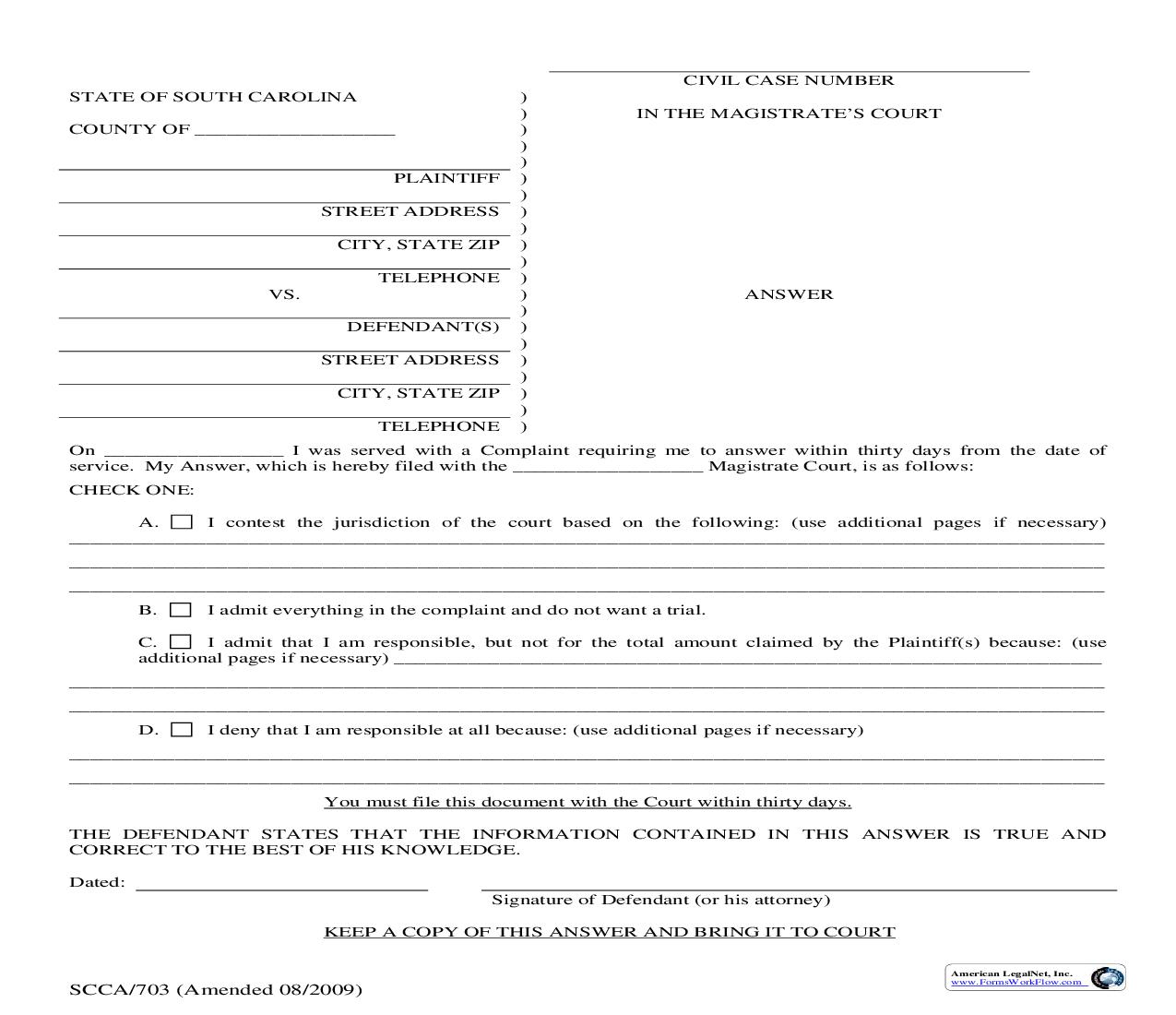 Answer {SCCA-703} | Pdf Fpdf Doc Docx | South Carolina