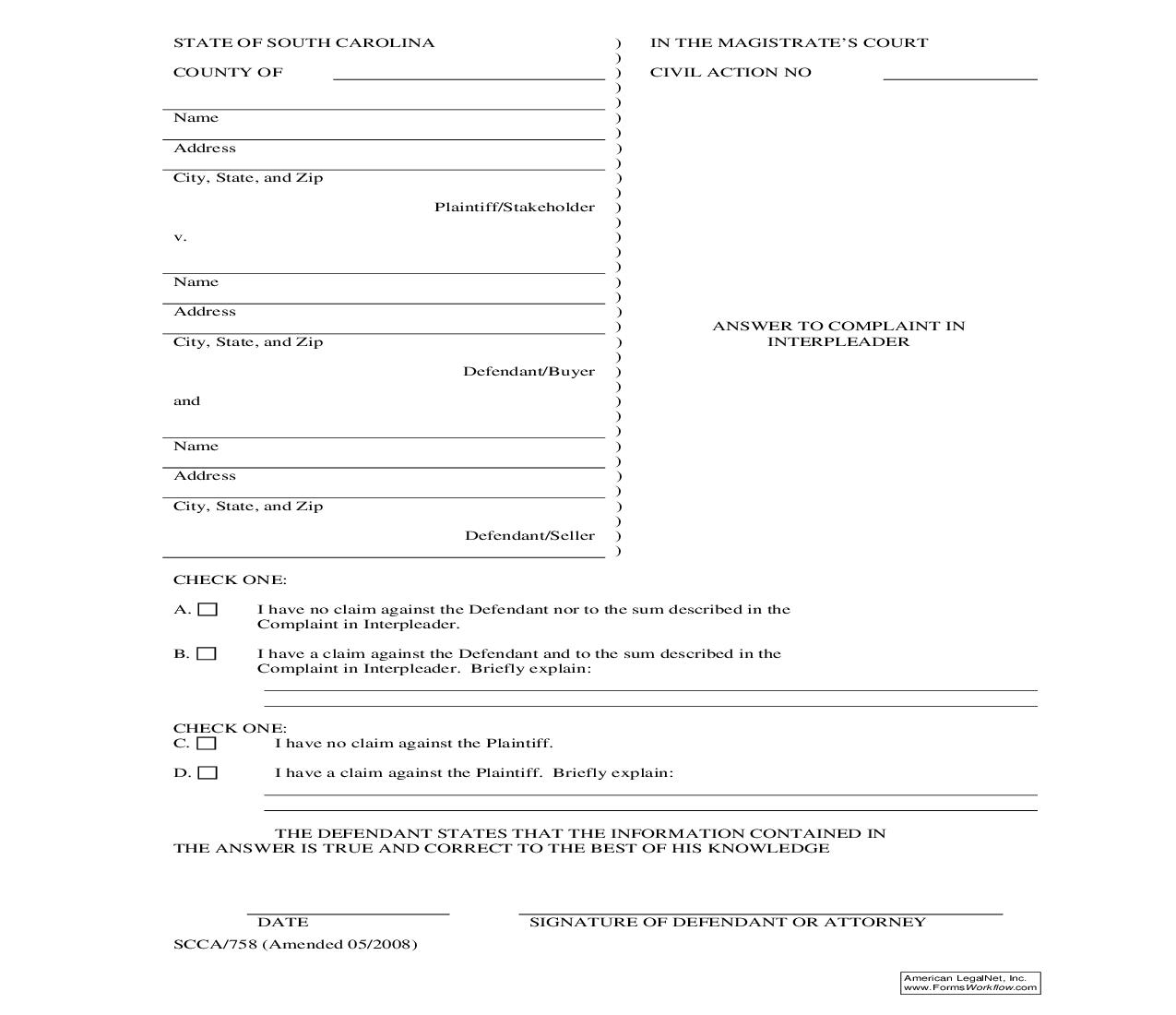 Answer To Complaint In Interpleader {SCCA-758} | Pdf Fpdf Doc Docx | South Carolina
