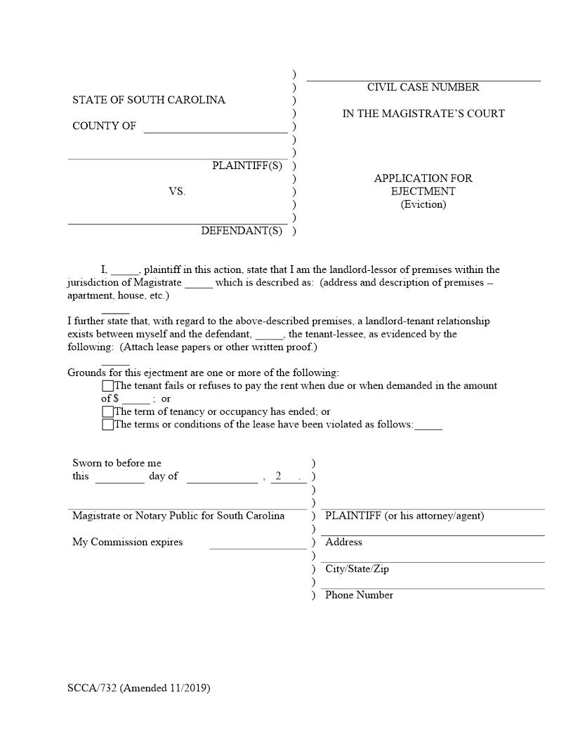 Application For Ejectment (Eviction) {SCCA-732} | Pdf Fpdf Doc Docx | South Carolina