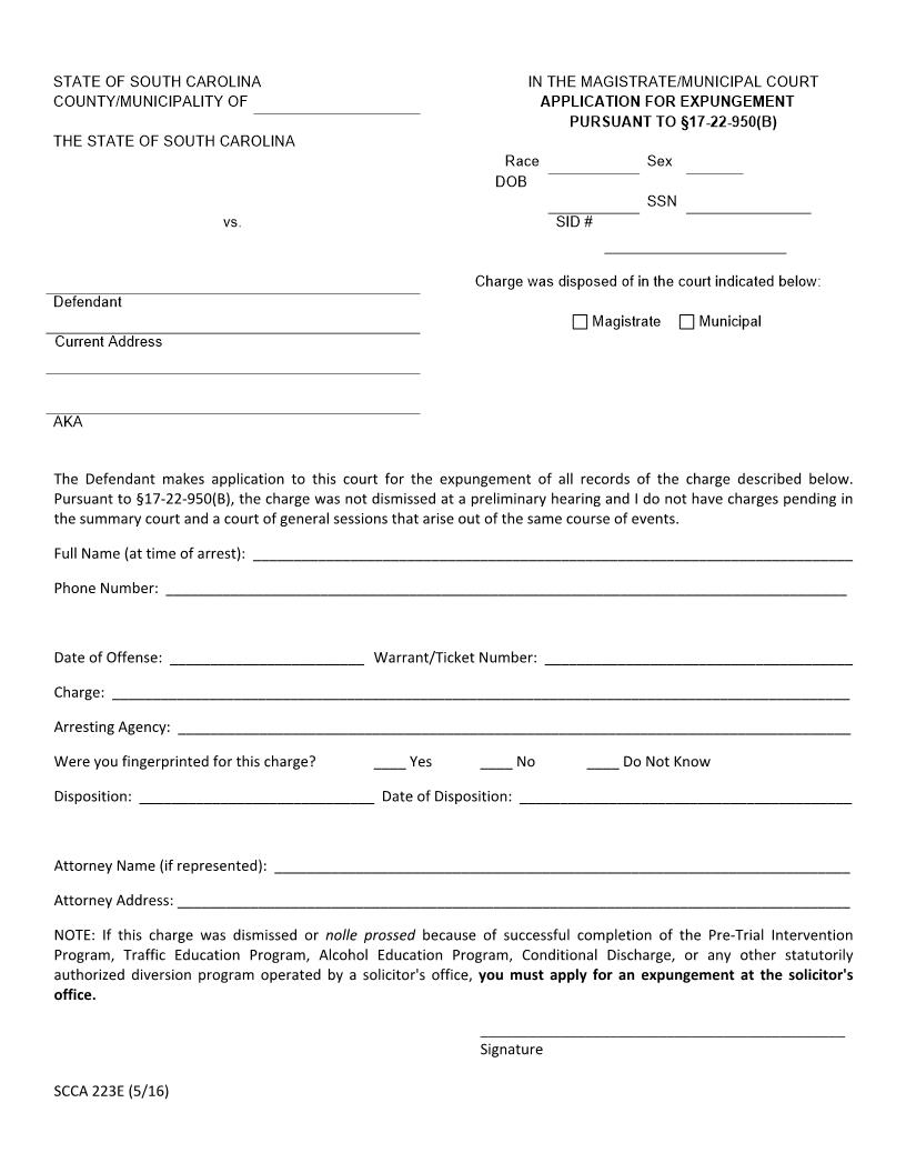 Application For Expungement Pursuant To 17-22-950(B) (Magistrate-Municipal Court) {SCCA223E} | Pdf Fpdf Docx | South Carolina