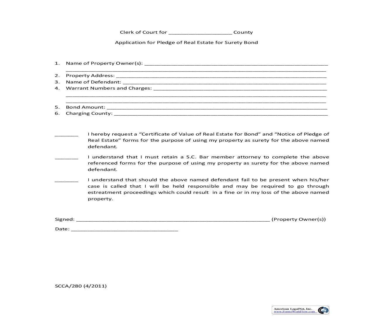Application For Pledge Of Real Estate For Surety Bond {SCCA-280} | Pdf Fpdf Doc Docx | South Carolina