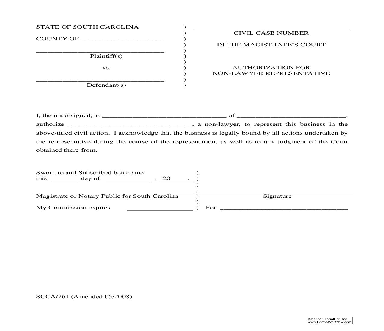 Authorization For Non Lawyer Representative {SCCA-761} | Pdf Fpdf Doc Docx | South Carolina