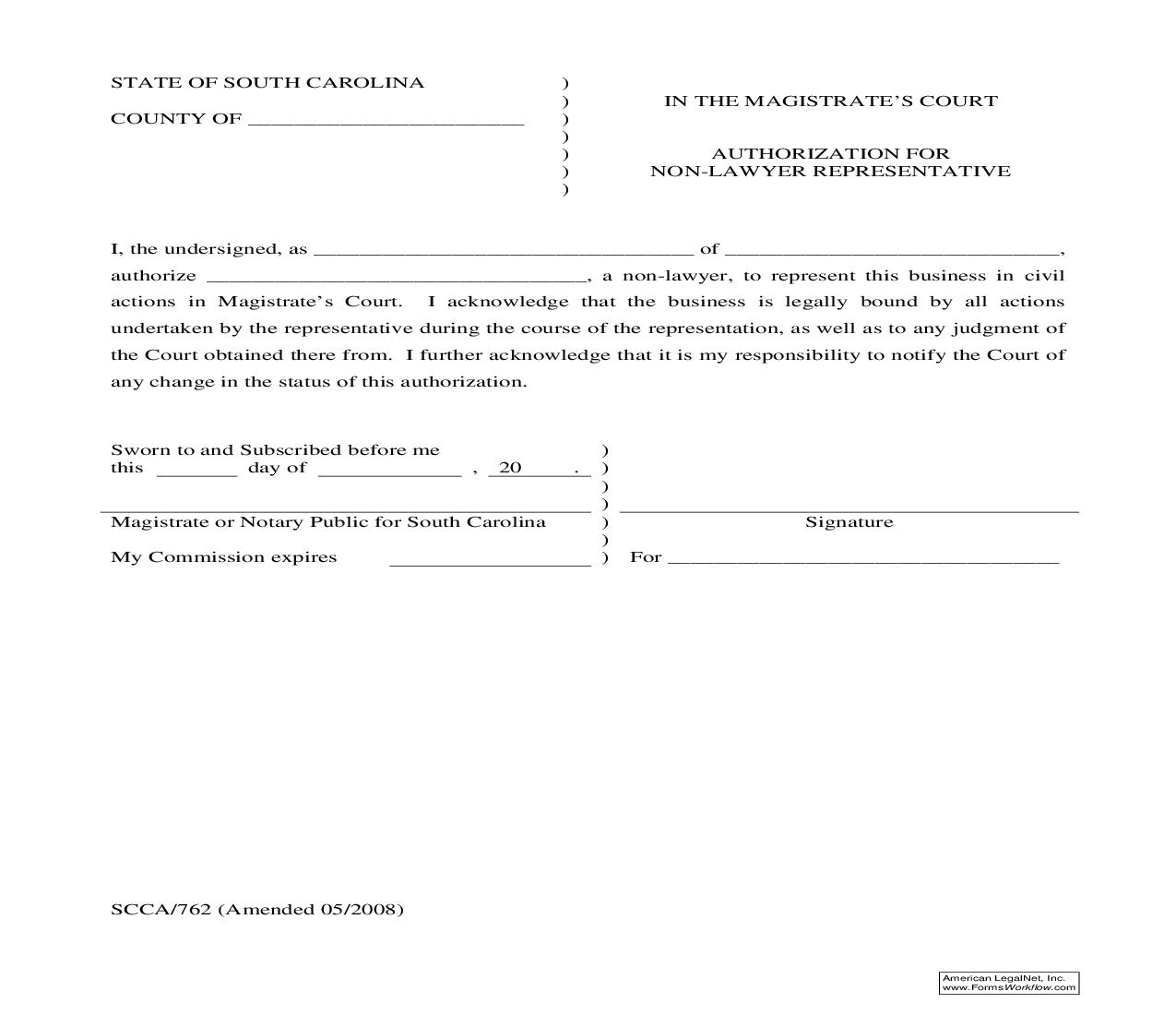 Authorization For Non Lawyer Representative {SCCA-762} | Pdf Fpdf Doc Docx | South Carolina