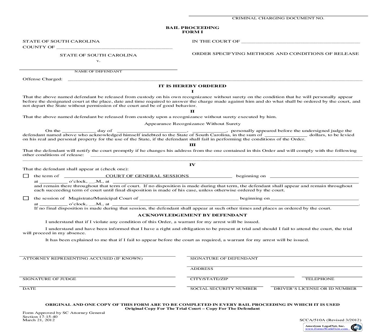 Bond Proceeding Form I {SCCA-510A} | Pdf Fpdf Doc Docx | South Carolina