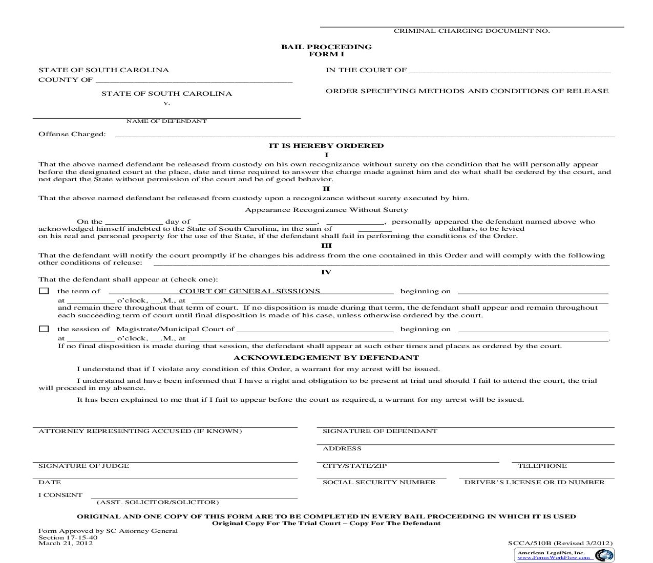 Bond Proceeding Form I {SCCA-510B} | Pdf Fpdf Doc Docx | South Carolina