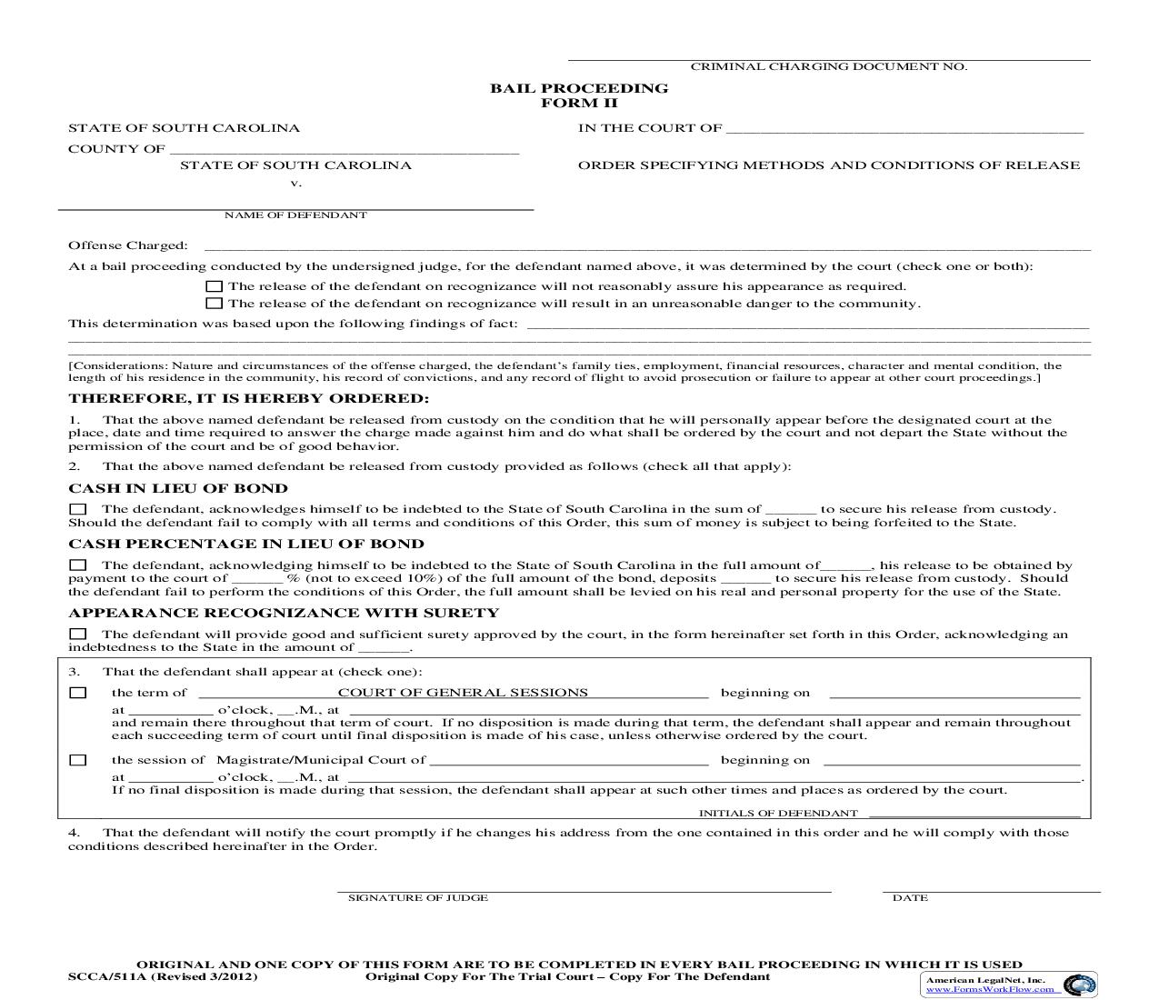Bond Proceeding Form II {SCCA-511A} | Pdf Fpdf Doc Docx | South Carolina