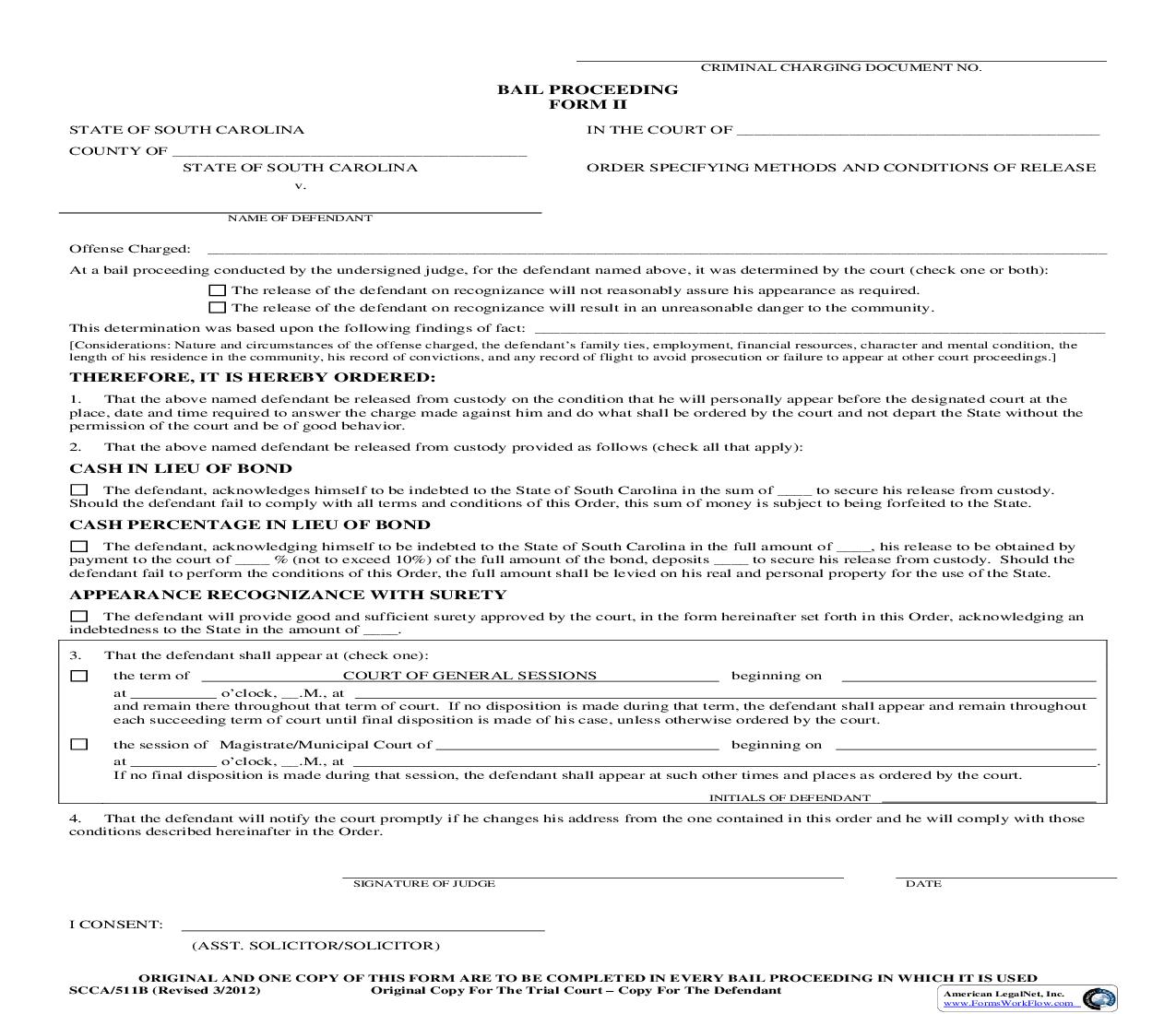 Bond Proceeding Form II {SCCA-511B} | Pdf Fpdf Doc Docx | South Carolina