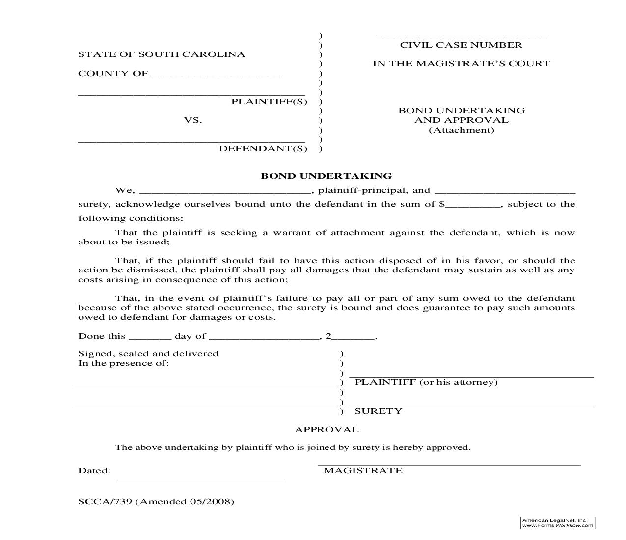 Bond Undertaking And Approval (Attachment) {SCCA-739} | Pdf Fpdf Doc Docx | South Carolina
