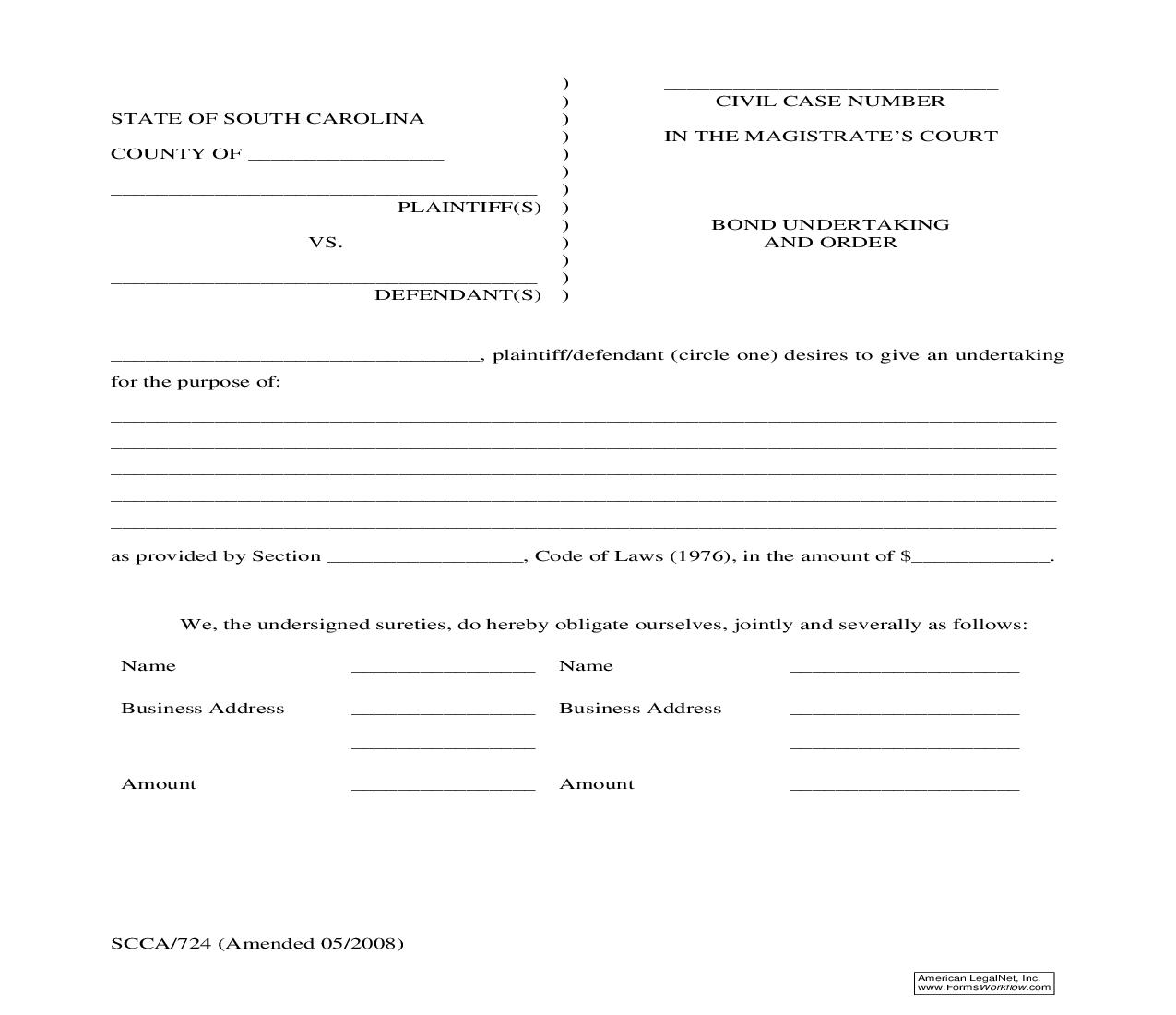 Bond Undertaking And Order {SCCA-724} | Pdf Fpdf Doc Docx | South Carolina