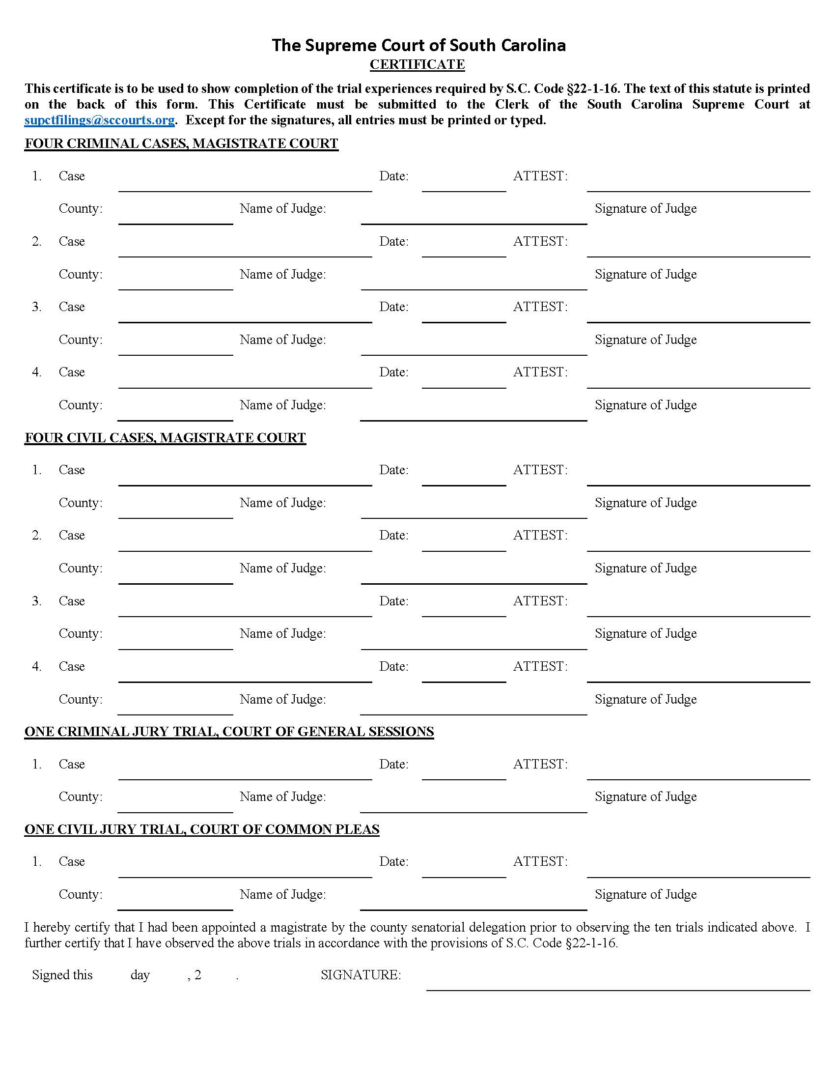 Certificate (Of Trial Experience) {TRIALEXP} | Pdf Fpdf Doc Docx | South Carolina