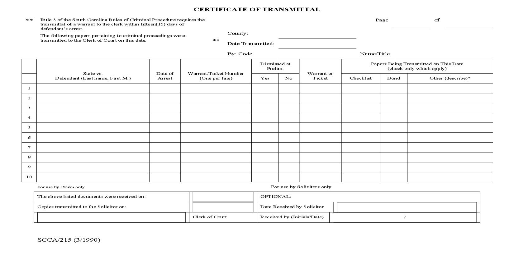Certificate Of Transmittal {SCCA-215} | Pdf Fpdf Doc Docx | South Carolina