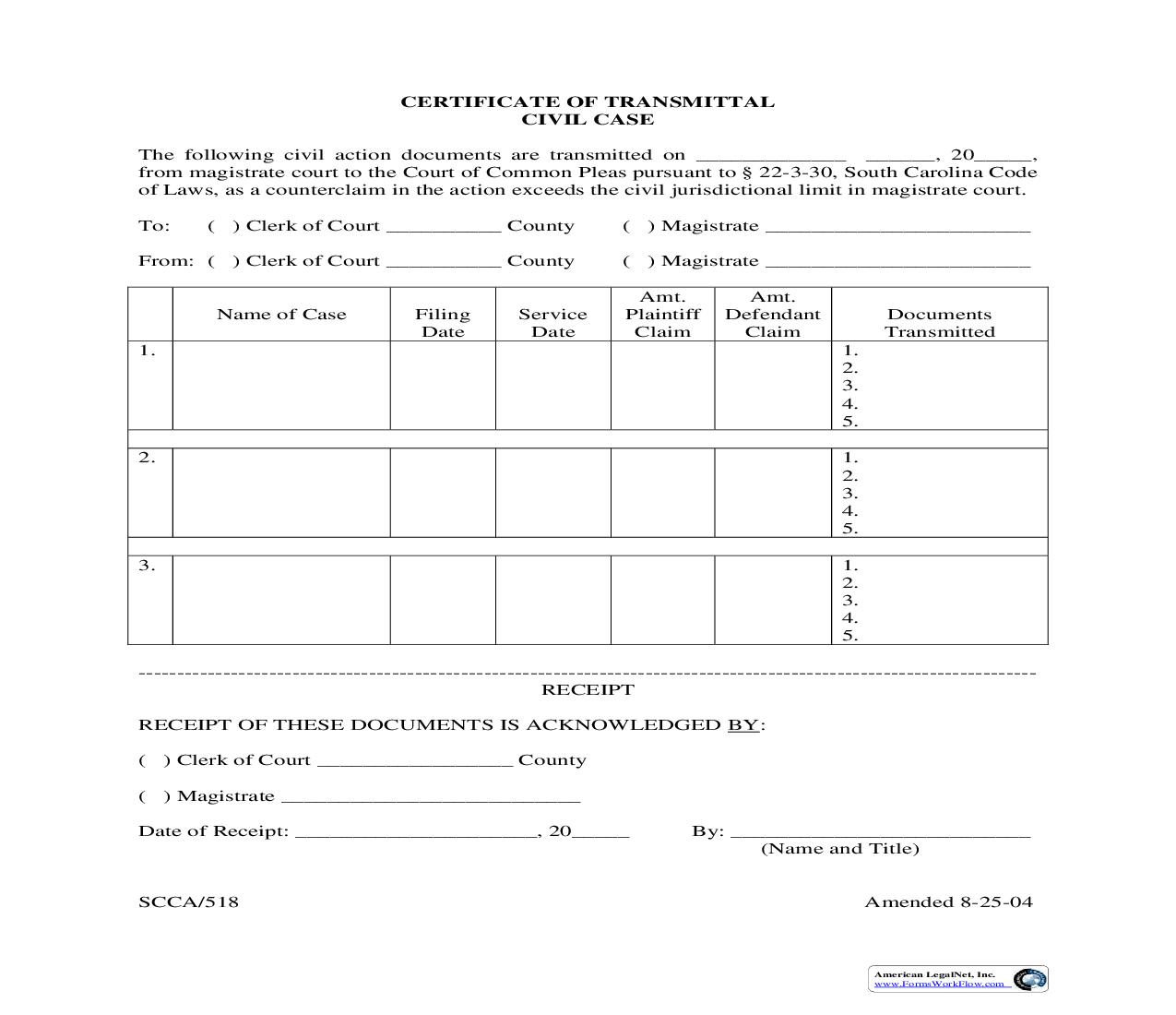 Certificate Of Transmittal Civil Case {SCCA-518} | Pdf Fpdf Doc Docx | South Carolina