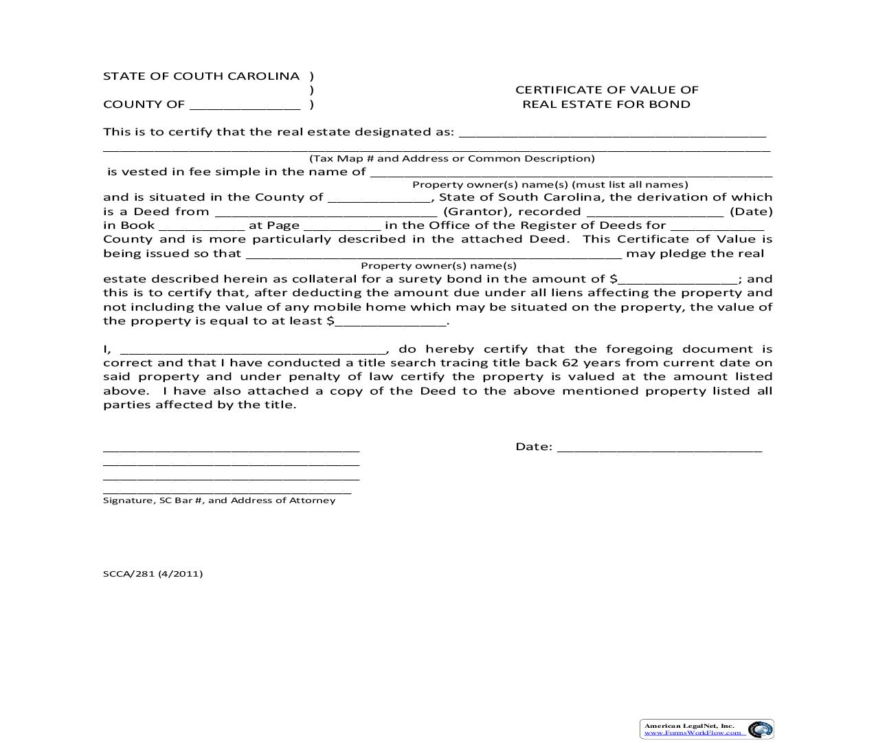Certificate Of Value Of Real Estate For Bond {SCCA-281} | Pdf Fpdf Doc Docx | South Carolina