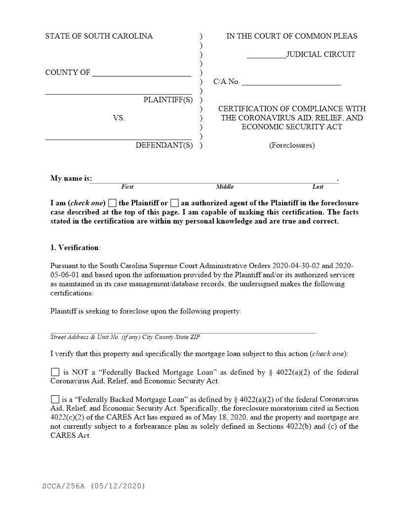 Certification Of Compliance With The Coronavirus Aid Relief And Economic Security Act {SCCA256A} | Pdf Fpdf Docx | South Carolina