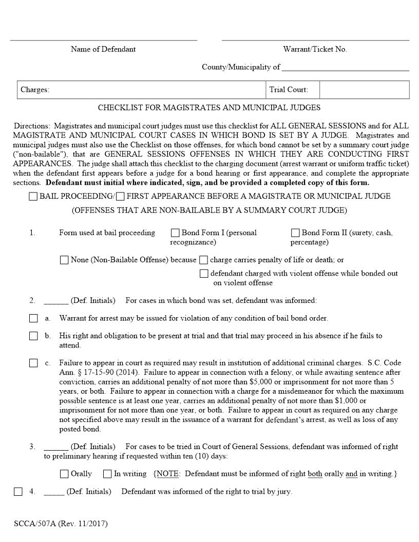 Checklist For Magistrates And Municipal Judges {SCCA507A} | Pdf Fpdf Docx | South Carolina