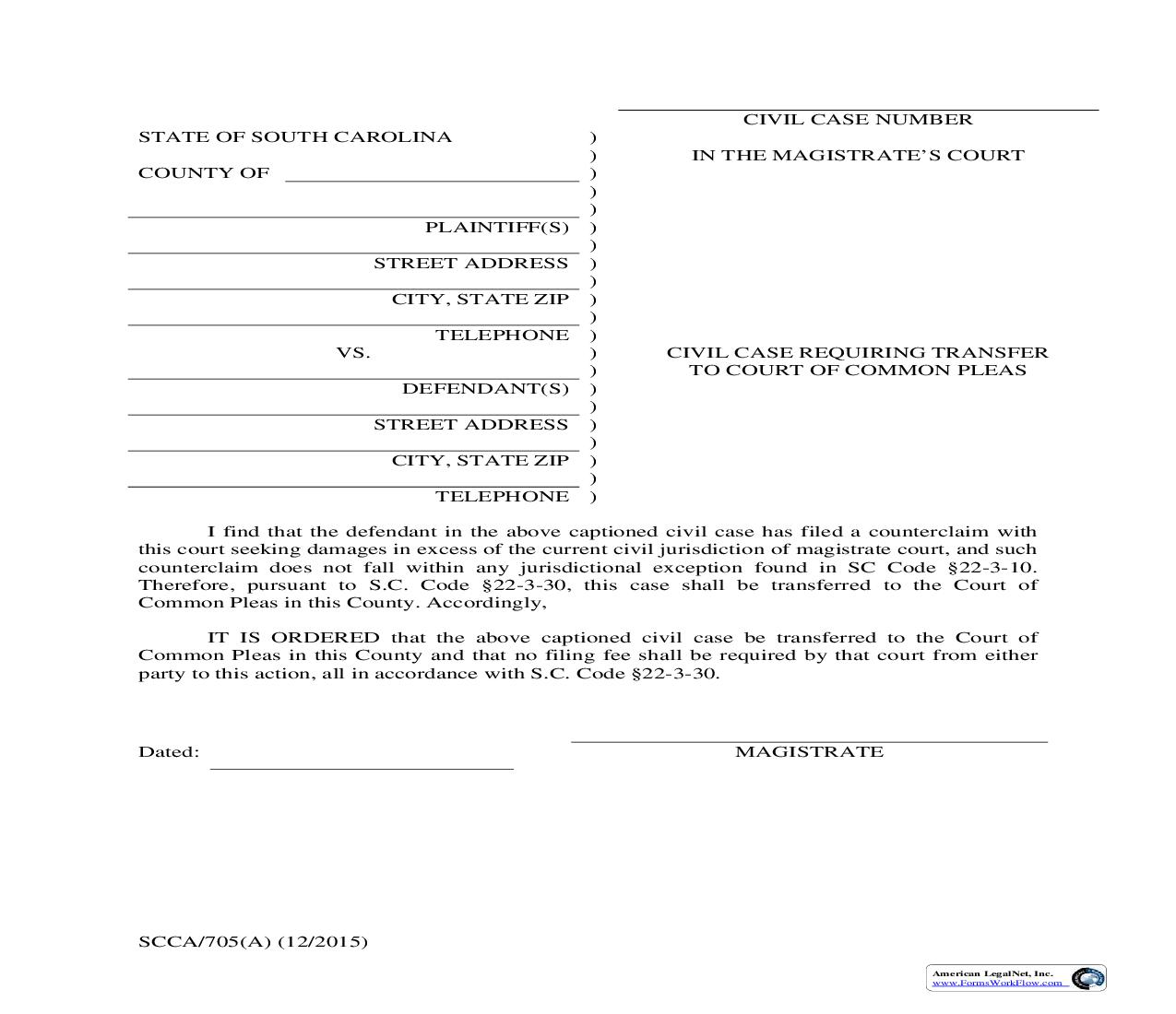 Civil Case Requiring Transfer To Court Of Common Pleas {SCCA-705A} | Pdf Fpdf Doc Docx | South Carolina