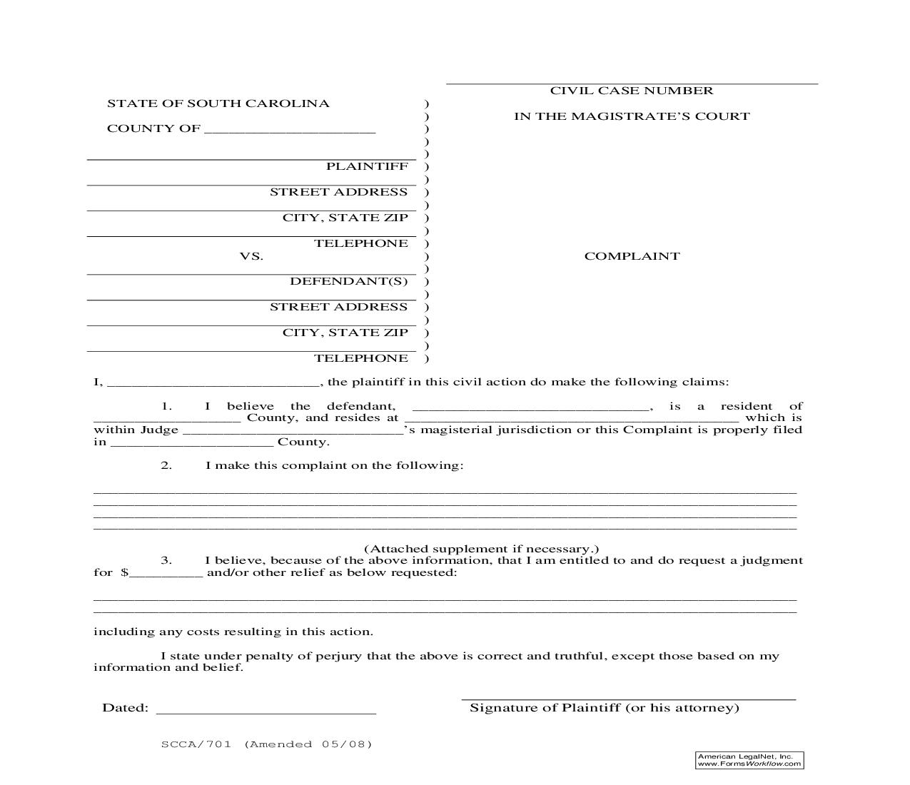 Complaint {SCCA-701} | Pdf Fpdf Doc Docx | South Carolina