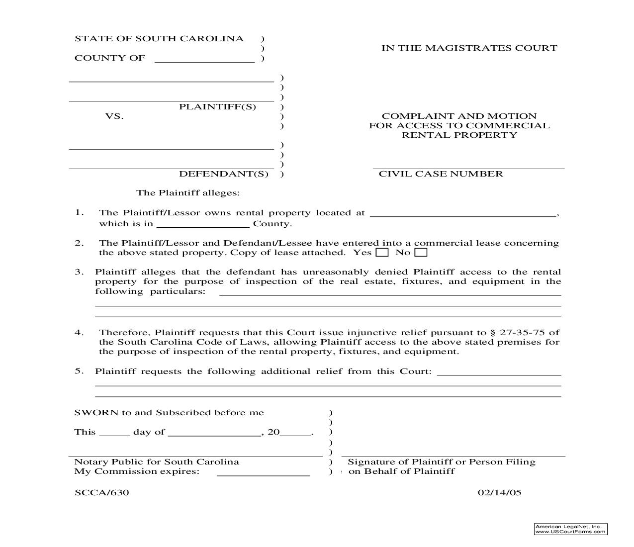 Complaint And Motion For Access To Commmercial Rental Property {SCCA-630} | Pdf Fpdf Doc Docx | South Carolina