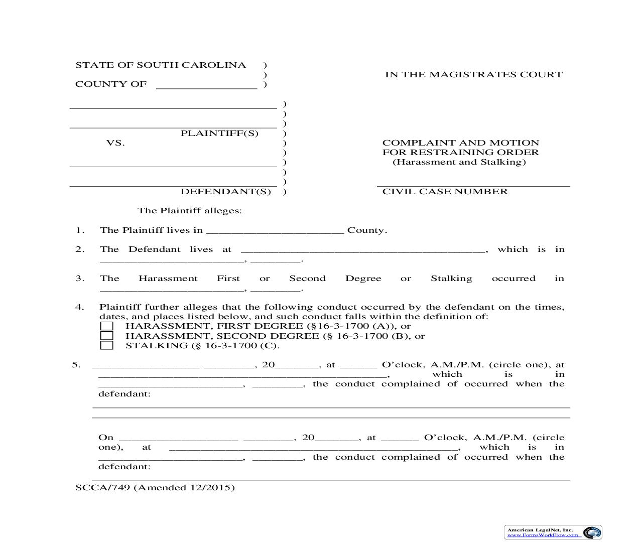 Complaint And Motion For Restraining Order {SCCA-749} | Pdf Fpdf Doc Docx | South Carolina