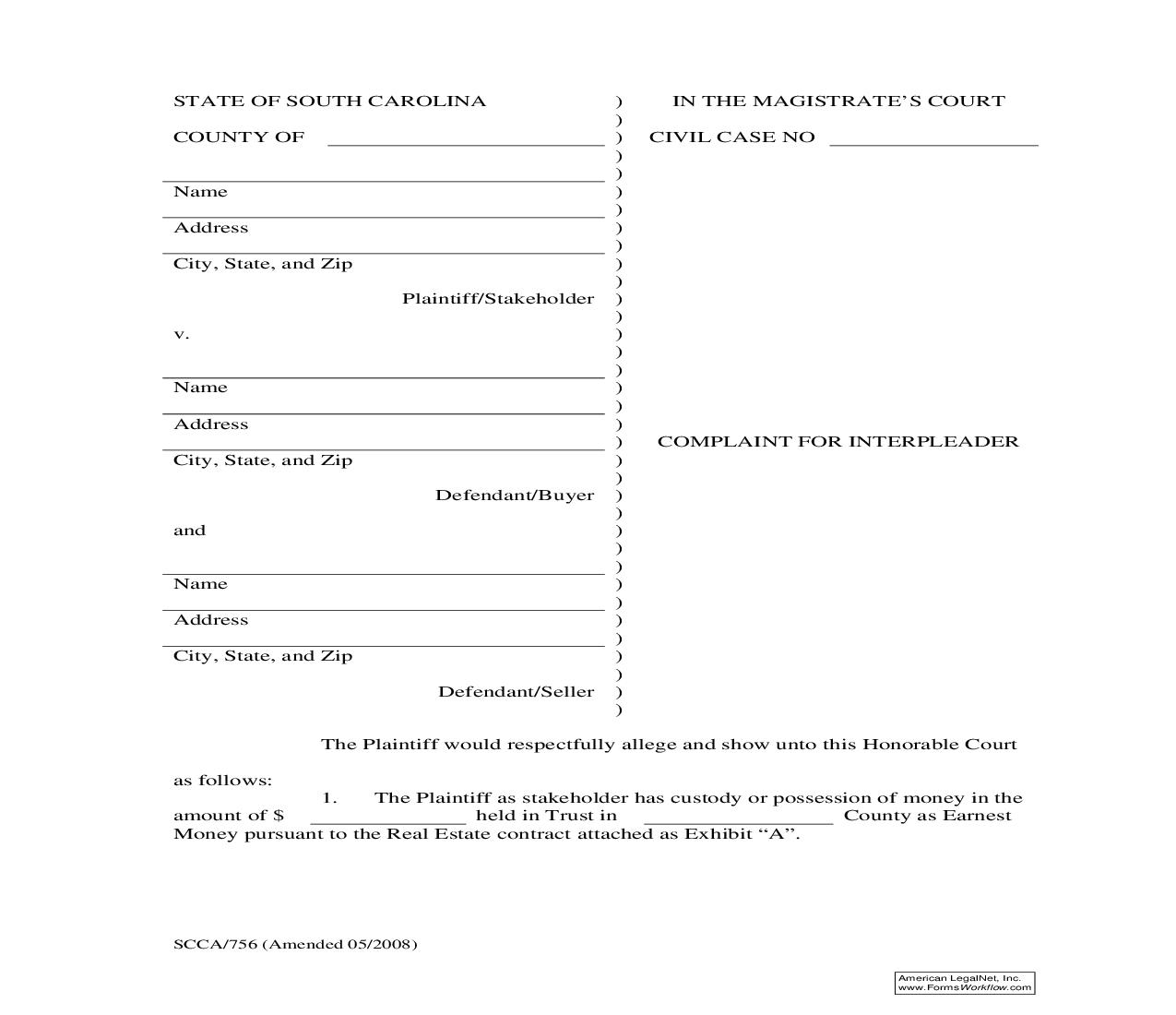 Complaint For Interpleader {SCCA-756} | Pdf Fpdf Doc Docx | South Carolina