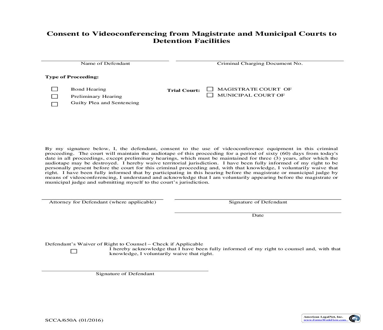 Consent To Videoconferencing From Magistrate And Municipal Courts To Detention Facilities {SCCA-650A} | Pdf Fpdf Doc Docx | South Carolina